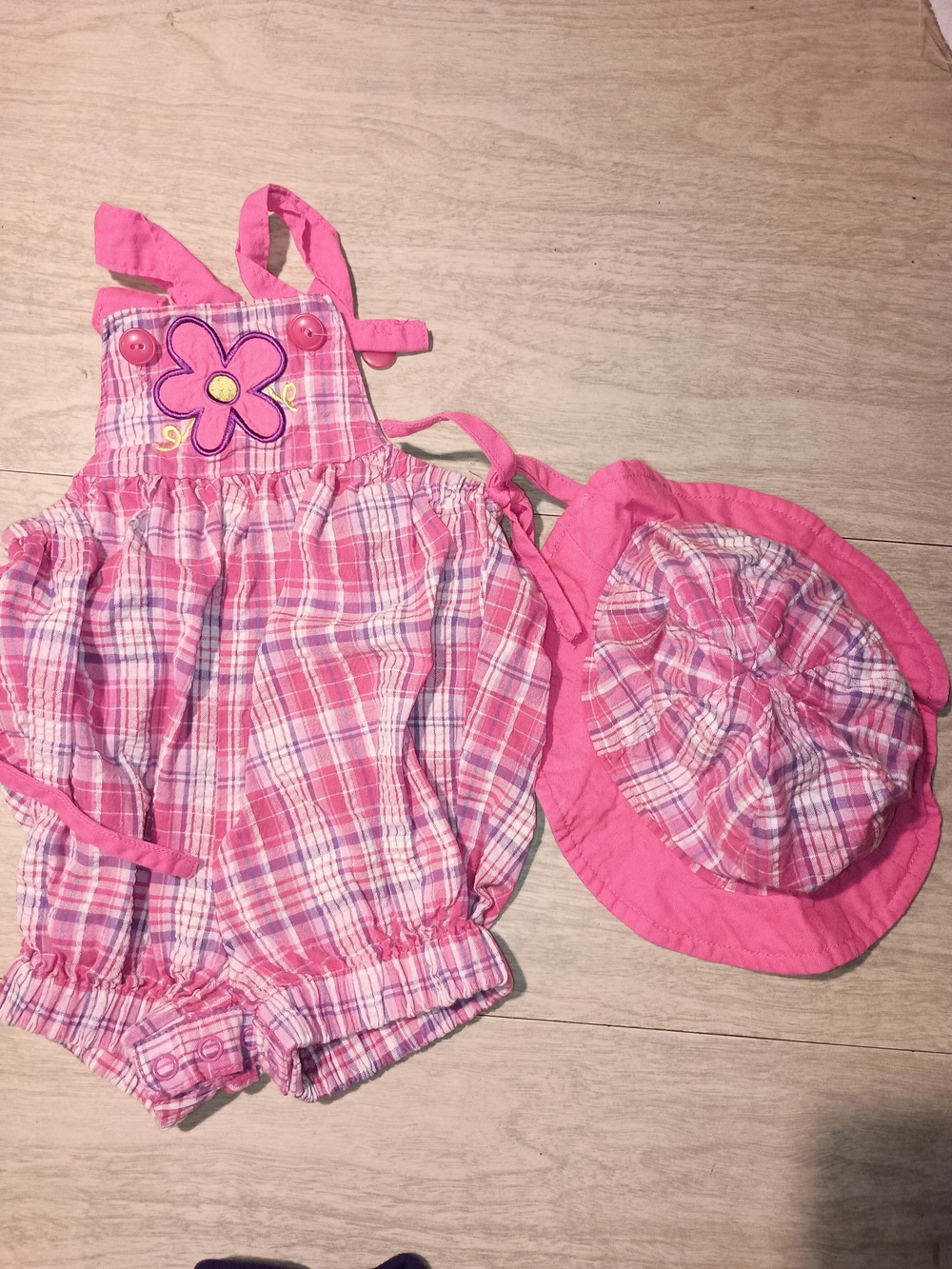 Rare Vintage Honors Pink Plaid Baby Girl Romper with Matching Sun Hat
